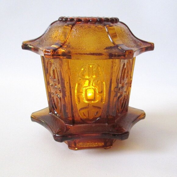 Vintage Amber Glass Fairy Light Chinese Pagoda Candle Holder Possibly LE Smith - Picture 1 of 11